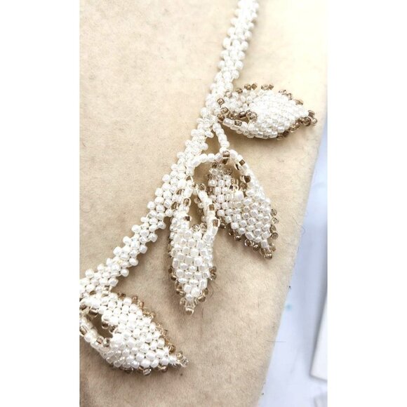 Hand Woven White Beaded Leaf Necklace With Gold Bead Trim - Unusual - Picture 4 of 5